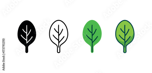 Vector icon spinach leaf same pose same proportions four styles black solid glyph outline minimal flat multicolor filled cartoon flat shaded.