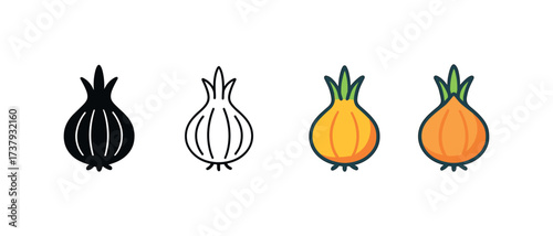 Vector icon onion bulb same pose same proportions four styles black solid glyph outline minimal flat multicolor filled cartoon flat shaded.