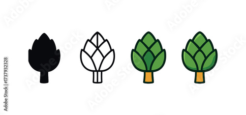 Vector icon artichoke same pose same proportions four styles black solid glyph outline minimal flat multicolor filled cartoon flat shaded.