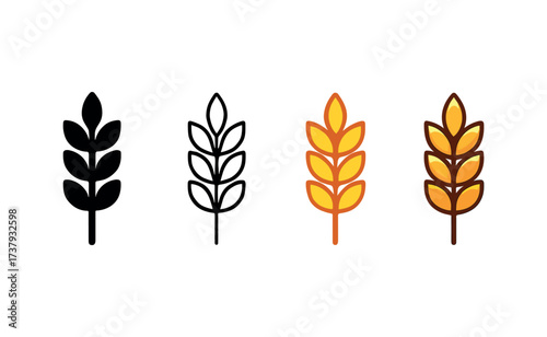 Vector icon wheat ear same pose same proportions four styles black solid glyph outline minimal flat multicolor filled cartoon flat shaded.