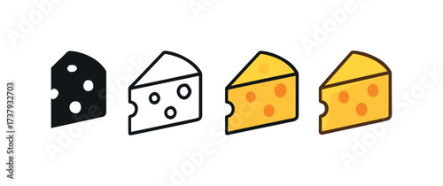 Vector icon cheese wedge same pose same proportions four styles black solid glyph outline minimal flat multicolor filled cartoon flat shaded.