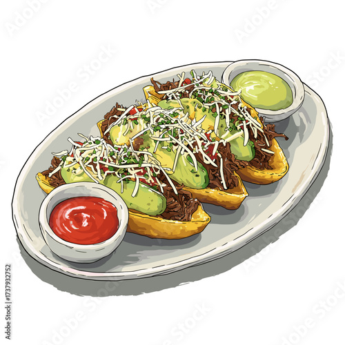 Tostones with Shredded Beef Avocado and Cheese