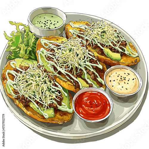 Tostones with Shredded Beef Avocado and Cheese