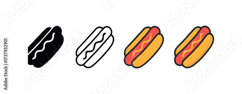 Vector icon hot dog same pose same proportions four styles black solid glyph outline minimal flat multicolor filled cartoon flat shaded.
