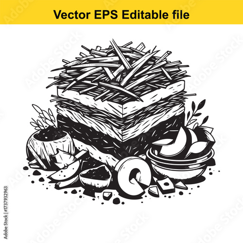 Vector art of black and white illustration of layered dessert with nuts and fruit