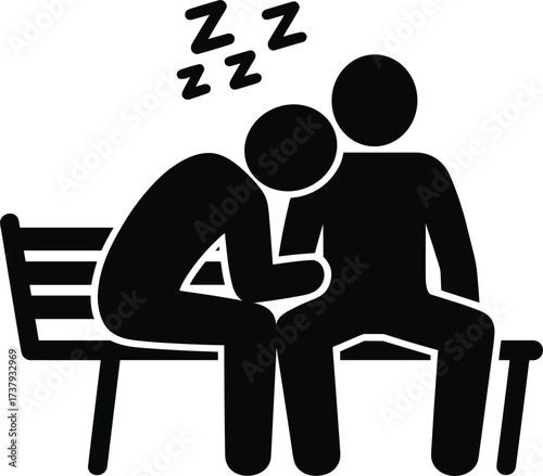 Two figures sitting on a bench with one person sleeping on the other's shoulder tired exhaustion