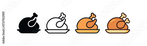Vector icon roasted chicken same pose same proportions four styles black solid glyph outline minimal flat multicolor filled cartoon flat shaded.