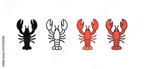 Vector icon lobster same pose same proportions four styles black solid glyph outline minimal flat multicolor filled cartoon flat shaded.