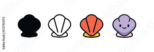 Vector icon clam same pose same proportions four styles black solid glyph outline minimal flat multicolor filled cartoon flat shaded.