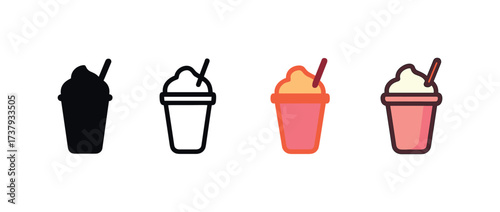 Vector icon milkshake same pose same proportions four styles black solid glyph outline minimal flat multicolor filled cartoon flat shaded.