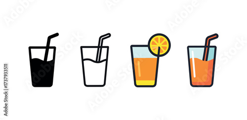 Vector icon juice glass same pose same proportions four styles black solid glyph outline minimal flat multicolor filled cartoon flat shaded.
