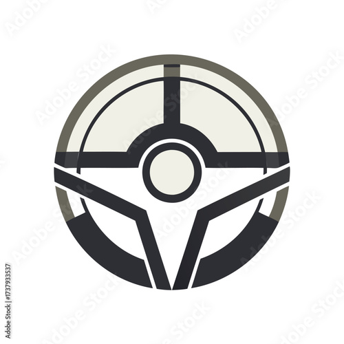 Stylized circular emblem with geometric lines and a central circle