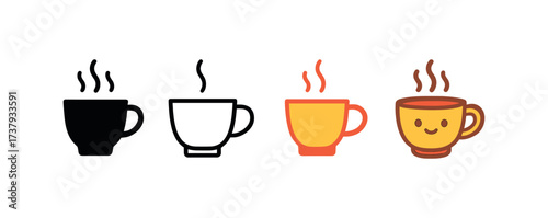 Vector icon tea cup same pose same proportions four styles black solid glyph outline minimal flat multicolor filled cartoon flat shaded.