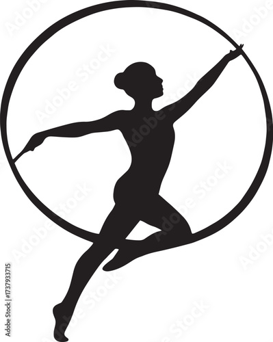 Vector Silhouette of Rhythmic Gymnast Spinning Ribbon in Circular Motion | Solid Black Flat Vector