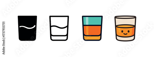 Vector icon whiskey glass same pose same proportions four styles black solid glyph outline minimal flat multicolor filled cartoon flat shaded.