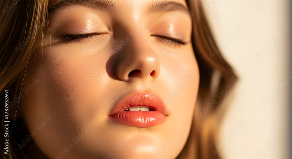 Fototapeta premium Radiant Beauty Portrait Serene Young Woman Glowing Skin Close Up Portrait Golden Hour Light Feminine Care Self Care Mindfulness Wellness Beauty Concept Wellbeing