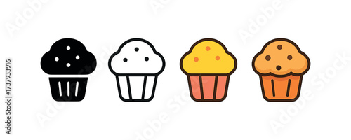 Vector icon muffin same pose same proportions four styles black solid glyph outline minimal flat multicolor filled cartoon flat shaded.