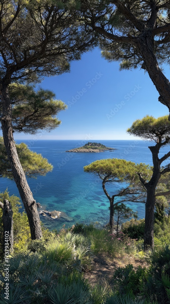Obraz premium Coastal view framed by trees, showing ocean, island, and blue sky