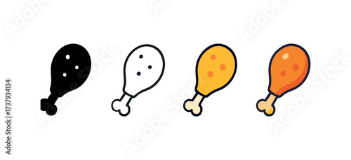 Vector icon fried chicken same pose same proportions four styles black solid glyph outline minimal flat multicolor filled cartoon flat shaded.