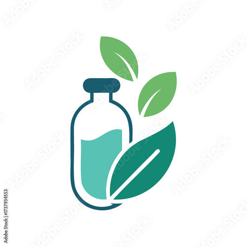 Natural ingredient bottle with green leaves icon