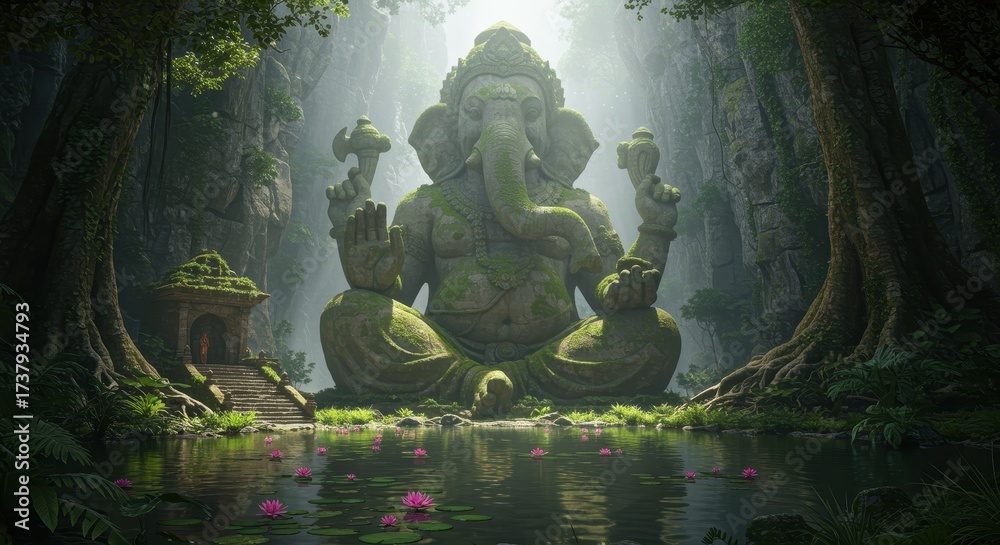 Obraz premium Ancient moss-covered Ganesha statue in a serene jungle pond setting Hindu god elephant god