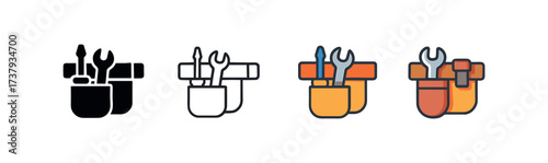 Vector icon tool belt same pose same proportions four styles black solid glyph outline minimal flat multicolor filled cartoon flat shaded.