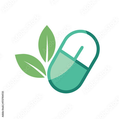 Green herbal medicine capsule with leaves