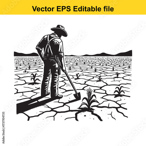 Vector art of farmer working in dry cracked land with a hoe, vector illustration