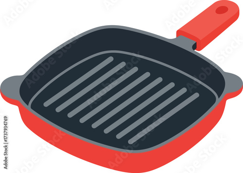 Red grill pan kitchenware cooking tool healthy food preparation vector