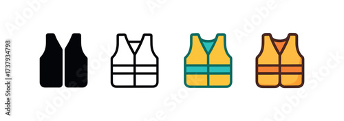 Vector icon construction vest same pose same proportions four styles black solid glyph outline minimal flat multicolor filled cartoon flat shaded.