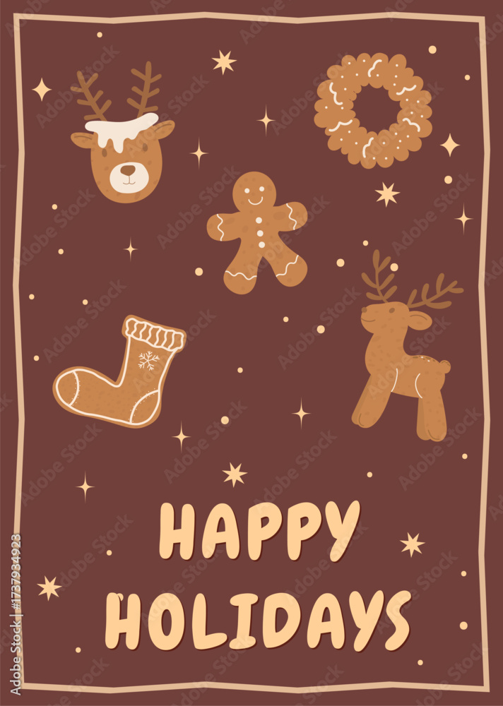 Fototapeta premium Holiday card with Merry Christmas text, gingerbread house, candy cane, tree, stars and ornaments. Festive seasonal winter greeting background vector.