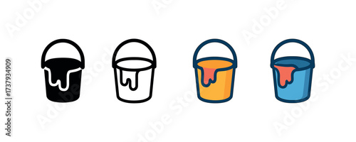 Vector icon paint bucket same pose same proportions four styles black solid glyph outline minimal flat multicolor filled cartoon flat shaded.