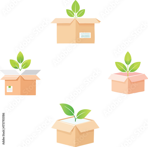Organic Food Delivery Cardboard Box Vector Set with Green Leaf Symbol