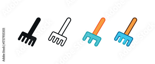 Vector icon rake same pose same proportions four styles black solid glyph outline minimal flat multicolor filled cartoon flat shaded.