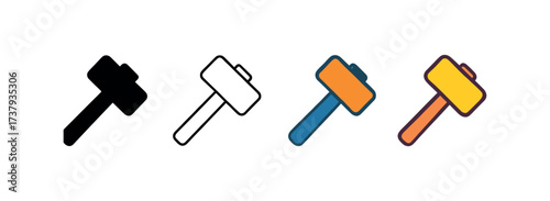 Vector icon sledgehammer same pose same proportions four styles black solid glyph outline minimal flat multicolor filled cartoon flat shaded.
