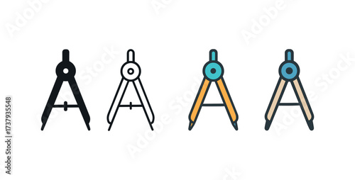 Vector icon drafting compass same pose same proportions four styles black solid glyph outline minimal flat multicolor filled cartoon flat shaded.