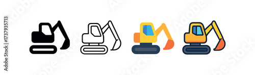 Vector icon excavator same pose same proportions four styles black solid glyph outline minimal flat multicolor filled cartoon flat shaded.