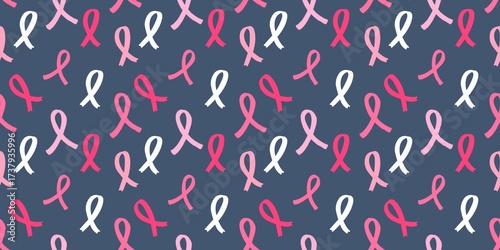 Pink ribbon seamless pattern on dark background symbolizing breast cancer awareness, hope, and support. Inspiring design for campaigns, charity, and advocacy.