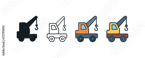 Vector icon crane truck same pose same proportions four styles black solid glyph outline minimal flat multicolor filled cartoon flat shaded.