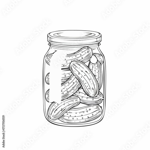 Illustration of a glass jar filled with pickles, in black and white.