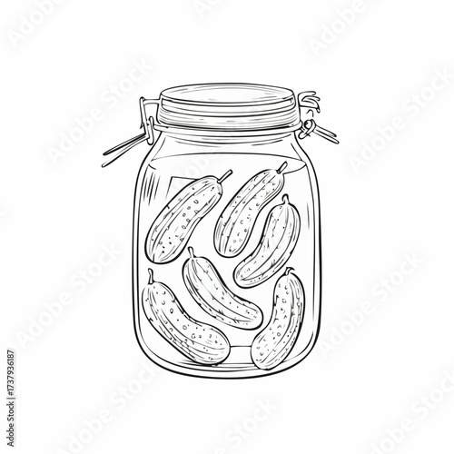 Hand-drawn sketch of pickled cucumbers preserved in a sealed glass canning jar.