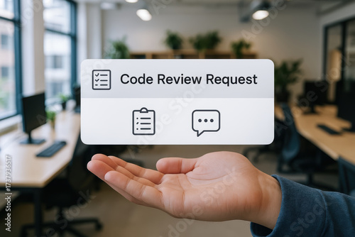 Code review request concept with developer workspace and ai programmer hand gesture in modern office environment for ai development