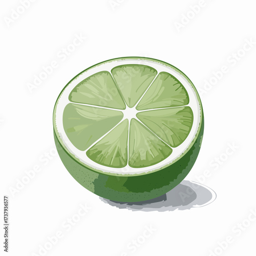 A vibrant, detailed illustration of a fresh lime cut in half, showcasing its juicy green segments and white pith.