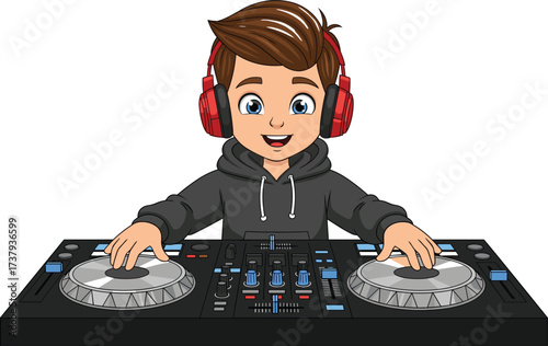 Cartoon illustration of young DJ boy with headphones playing music on professional mixing console, fun character design for entertainment and events.