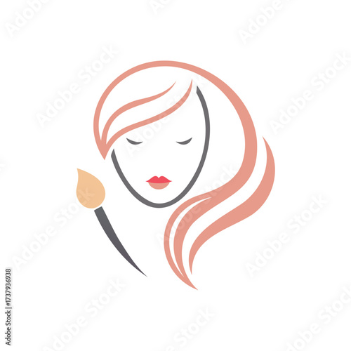 Stylized woman s face with makeup brush and pink hair