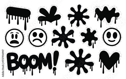 Collection of black graffiti elements spray paint splatter drips and icons vector illustration silhouette vector illustration white background