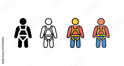 Vector icon safety harness same pose same proportions four styles black solid glyph outline minimal flat multicolor filled cartoon flat shaded.