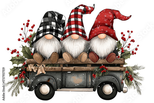 Three gnomes in red white and black hats isolated on a transparent background