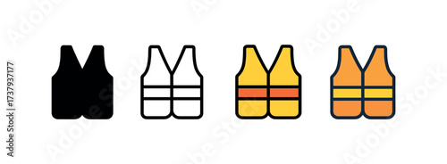 Vector icon reflective vest same pose same proportions four styles black solid glyph outline minimal flat multicolor filled cartoon flat shaded.