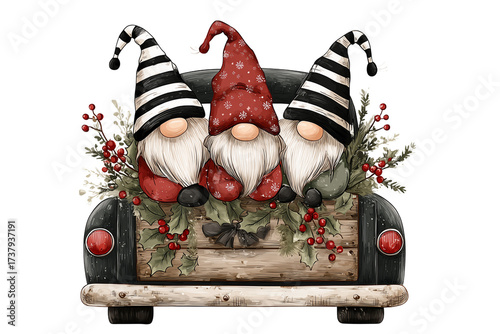 Three gnomes in a truck isolated on a transparent background